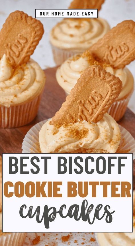 Indulge in the heavenly combination of rich, buttery biscuit taste with the delightful sweetness of cookie butter. Discover the recipe for the best Biscoff cupcakes, featuring an irresistible cookie butter filling and frosting, that will leave your taste buds craving for more. Perfect for your next special occasion or when you simply need a delicious treat to satisfy your cravings. Cookie Butter Frosting, Biscoff Cupcakes, Mini Loaf Cakes, Biscoff Recipes, Biscoff Cookie Butter, Butter Cupcakes, Biscoff Cookies, Buttery Biscuits, Cookie Butter