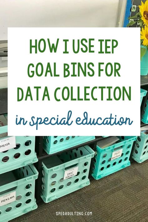 Special education teachers, if you have a caseload of students all working on different IEP goals, learn all about my secret to managing different levels of IEP goals at the same time: IEP Goal Bins. With this system you’ll be able to easily help your special education students practice IEP goals and collect data on IEP goals no matter the size of your caseload. Take a look inside my IEP Goal Bins and learn how I use IEP goal bins in my functional life skills classroom here. Classroom Decor For Special Education, Adaptive Classroom Ideas, Iep Work Bins, Lld Classroom Special Education, Resource Room Teacher Special Education, Life Skills Classroom Activities, Special Education Classroom Setup Middle School, Kindergarten Special Education Classroom, Iep Goal Tracking Data Collection