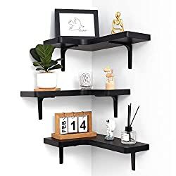 Black Corner Shelf, Black Wall Shelves, Wood Corner Shelves, Corner Storage Shelves, Floating Shelves Bedroom, Black Floating Shelves, Floating Corner Shelves, Corner Display, Modern Wall Shelf