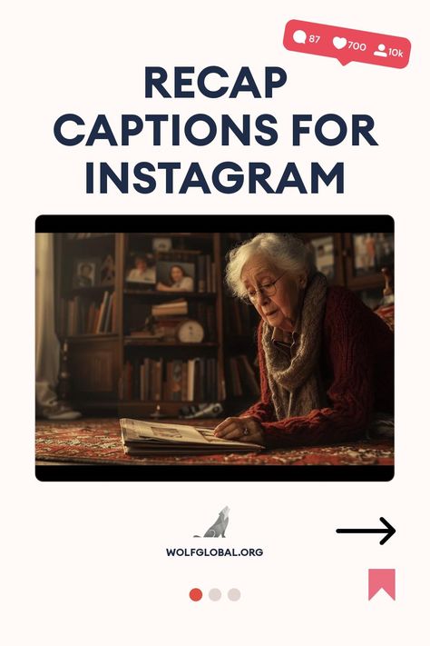 Elderly woman reading a book in a cozy room with infographic about Instagram captions.
Graphic with checklist of nostalgic sentiments and a call-to-action button for more content from wolfglobal.org.
Image of a smiling woman with a laptop, social media icons, and an invitation to join an Instagram engagement pod. Grandma Captions, Recap Captions Instagram, Memories Instagram Captions, Recap Quotes, Recap Captions, Throwback Captions Instagram, Throwback Captions, Love Instagram Captions, Love Captions For Instagram