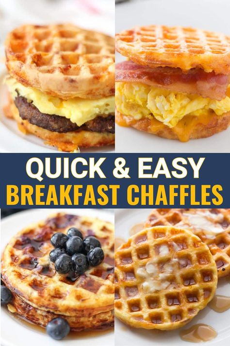 Keto Breakfast Chaffle Stacks - Fluffy low carb chaffle waffles piled with savory and sweet toppings make the perfect quick breakfast! This mouthwatering image shows a loaded bacon egg and cheese chaffle sandwich alongside a sweet berry mascarpone stack and pumpkin spice chaffle wedges. Easy 5 ingredient chaffle recipe included as well as modifications for sweet or savory. These crispy, custom chaffle stacks fit gluten free, keto, whole30, vegetarian and more diets. Affordable pantry ingredients Dessert Chaffles Recipe Keto Easy, Low Carb Breakfast Chaffle, Keto Mini Waffles, Bacon And Egg Chaffle, Waffle Chaffle Recipe, Mini Dash Keto Recipes, Cottage Cheese Egg Waffles, Eggless Chaffle Keto, High Protein Low Carb Waffles