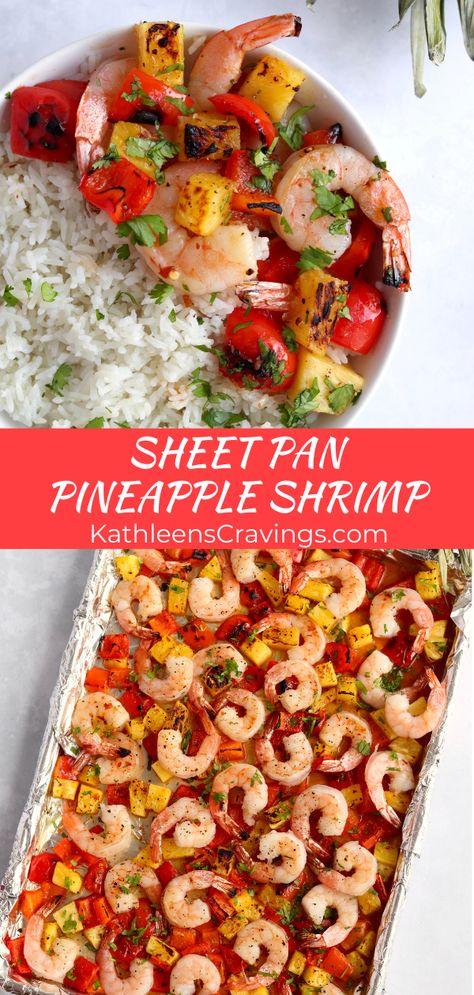 Sheet Pan Pineapple Shrimp is an easy 15-minute weeknight dinner! This Hawaiian shrimp inspired recipe is so easy to make. Broil pineapple, bell peppers, and shrimp with a simple teriyaki-inspired sauce that's made with pantry ingredients. Serve with your favorite cooked rice - even instant! Easy sheet pan dinner! Polynesian Shrimp Recipes, Shrimp With Peppers And Pineapple, One Sheet Shrimp, Pineapple And Shrimp Recipes, Shrimp With Pineapple Recipe, Shrimp Pineapple Recipes, Pineapple Shrimp Recipes, Shrimp And Pineapple Recipes, Hawaiian Shrimp Recipes