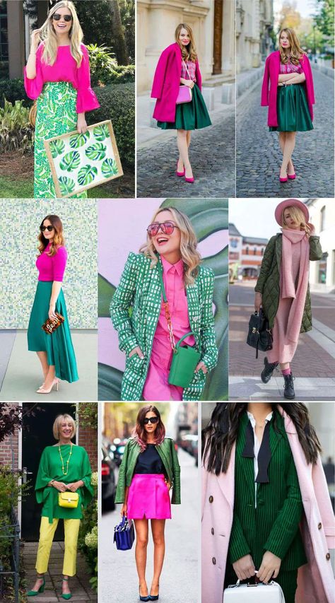 Yellow-Pink-Go-With-Green-Clothes Colors That Go With Kelly Green, Colours That Go With Green Clothes, Green Color Palette Outfit, Colors That Go With Green Clothes, Olive Green And White Outfit, Green Color Combinations Outfit, Green Combination Outfit, Green Top Outfit, Pink Shirt Outfit