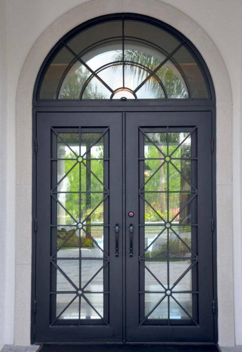 Modern Iron Doors Entrance, 9ft Doors, Metal Front Door Ideas, Statement Doors, Mexico Decor, Wrought Iron Front Door, Door Colour, Unique Front Doors, Front Door Inspiration