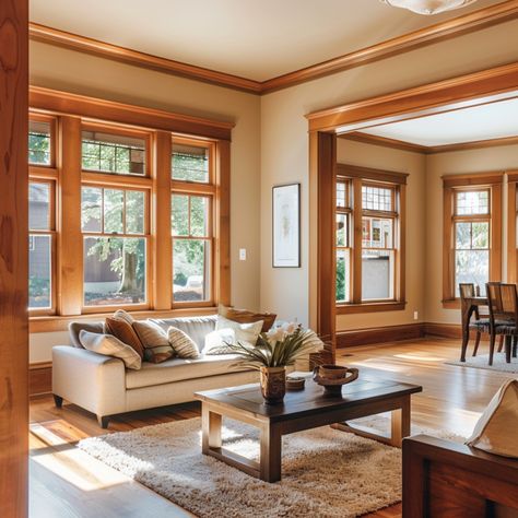 beige living room with wood trim Living Room Woodwork, Living Room Honey Oak Trim, Cherry Oak Trim Living Room, Modern Home With Wood Trim, White Living Room Wood Trim, Beige Walls Wood Floors, How To Decorate With Oak Trim, Wall Color With Oak Trim, Flooring Ideas With Oak Trim