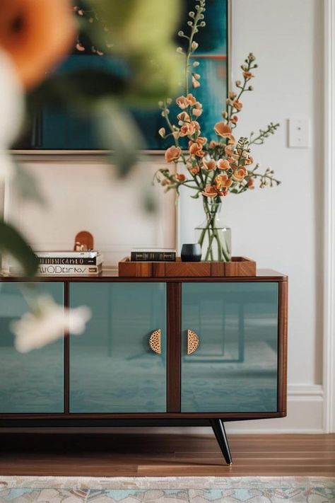 Dining Room Sideboard - Elevate Your Space with These Ideas Glass Sideboard Styling, Sideboard Painting Ideas, Buffet Cabinet In Dining Room, Buffet Styling Dining Room, Coloured Sideboard, Sideboard Styling Decor Ideas, Dining Room Sideboard Ideas, Blue Sideboards And Buffets, Styling Sideboard