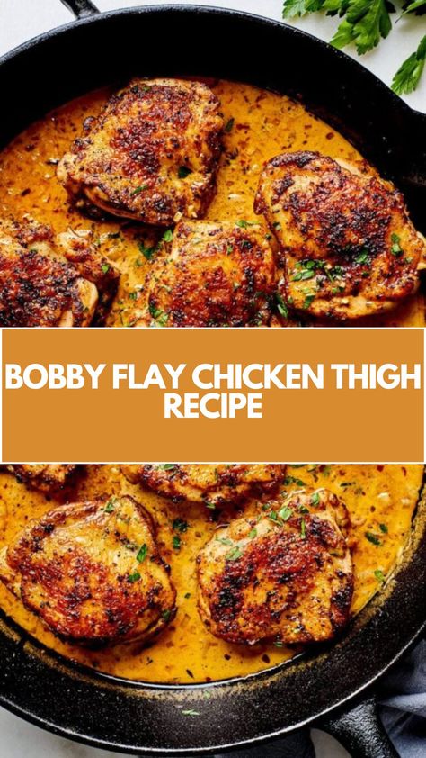 Bobby Flay’s Chicken Thighs recipe is made with boneless chicken thighs, garlic powder, onion powder, paprika, olive oil, butter, shallot, garlic, chicken broth, lemon juice, fresh thyme, crushed red pepper flakes, and heavy cream. This delicious Bobby Flay Chicken Thighs recipe creates a tasty dinner that takes about 30 minutes to prepare and can serve up to 4 people. Very Simple Chicken Recipes, Lazy Girl Chicken Thighs, Cozy Chicken Thigh Recipes, Chicken With Skin On Recipes, Chicken Thigh Bacon Recipe, Chicken Thigh Recipes With Skin, Dinner Ideas For 30 People, Clean Eating Chicken Thigh Recipes, Healthier Chicken Recipes