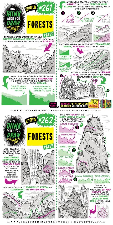 Landscape Drawing Tutorial, Etherington Brothers, Mini Tela, Comic Tutorial, How To Think, Background Drawing, Digital Painting Tutorials, Guided Drawing, Landscape Drawings