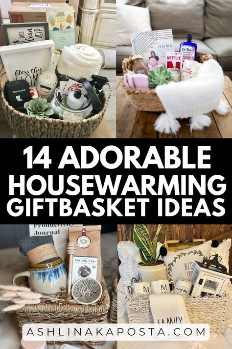 How to put together a housewarming gift basket ( 14+ creative ideas ) — ASHLINA KAPOSTA Creative Housewarming Gift Ideas, Housewarming Gift For Couple, Gift Basket Ideas For New Homeowner, Move In Basket Gift Ideas, New House Warming Gift, Christmas Housewarming Gift, Diy Housewarming Gift Basket, New Home Basket Gift Ideas, Homewarming Gift Ideas Baskets