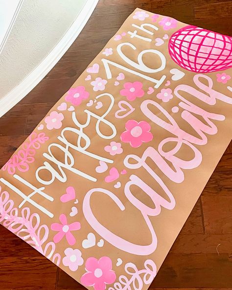 The cutest pink theme for this surprise birthday banner!! 🌷💗🪩 Pink Birthday Surprise, Sweet 16 Banner Ideas, Butcher Paper Banner Birthday, Pink Birthday Theme Ideas, 19th Birthday Banner, Birthday Banners Painted, Diy Birthday Banner Ideas, Birthday Pink Decorations, Birthday Signs Diy Poster