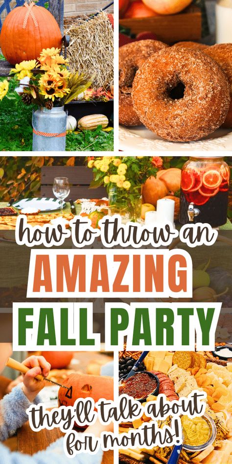 TONS of autumn party ideas for outdoor fall gathering ideas, fun backyard fall festival ideas, backyard fall festival party / outdoor harvest party. Even fun for fall harvest party ideas for school or an autumn block party / fall neighborhood street party! Harvest foods, fall harvest games and more! #fallharvest #fallparty #fallfestival #autumnparties Harvest Festival Ideas Halloween Decorations, Food For Fall Festival, Fall Flannel Party Decor, Fall Festival Party Games, Fall Cookout Activities, Fall Harvest Festival Games, Family Harvest Party Games, Fall Festival Backyard Party, Autumn Theme Party Games