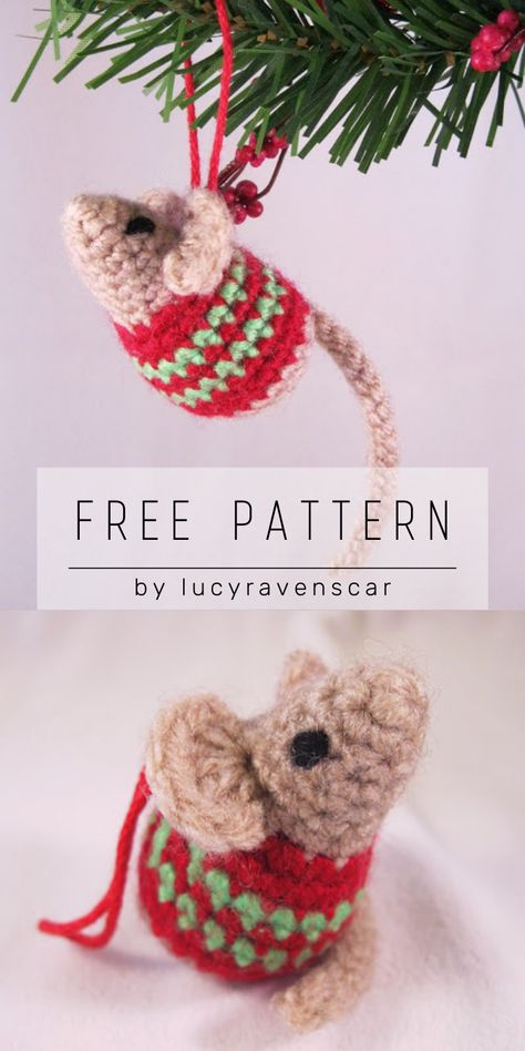 My next free amigurumi pattern for Christmas is a slight variation on my Little Kissing Mice pattern, so you can make a cute little mouse with a Christmassy red and green stripy sweater. You can add a loop so you can hang it on your Christmas tree, give it as a sweet little stocking filler, or fill it with catnip as a present for your cat. Make this cute mouse ornament with crochet pattern for beginners by LucyRavenscar. Crocheted Mouse, Crochet Christmas Ornaments Free, Crochet Ornament Patterns, Crocheted Christmas, Crochet Christmas Gifts, Crochet Xmas, Crochet Mouse, Crochet Christmas Decorations, Crochet Sweaters