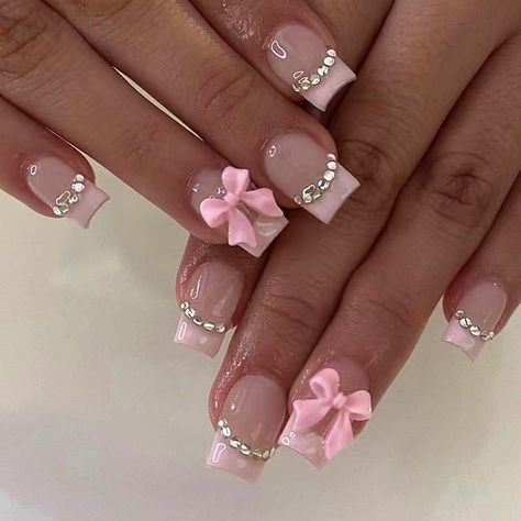 24pcs short-and medium-length false nails square nail , pink bow and sticky diamond design press on Short Nails Gems, Short Polygel Nails Design, Short Polygel Nail Ideas, Cutesy Nails, Charms Nails, Paznokcie Hello Kitty, Girly Acrylic, Cute Short Nails, Nagel Tips