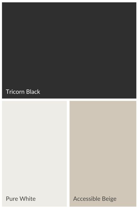 Tricorn Black and complementary paint colors Black And Greige Bathroom, Black And Beige Color Scheme, Behr Paint Colors Black, Tricorn Black Sherwin Williams Bedroom, Sherwin Williams Home Palette, Tricorn Black Sherwin Williams Cabinets, Sherwin Williams Interior Paint Schemes, Tricorn Black Cabinets, Tricorn Black Sherwin Williams