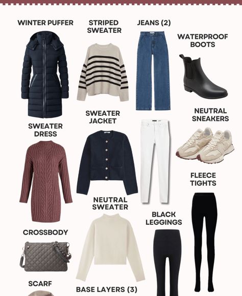 Winter Travel Capsule Wardrobe: How to Pack 10 Days in a Carry-On - Styled by Science Europe Winter Carry On, Carry On Capsule Wardrobe Winter, Capsule Wardrobe Winter Travel, Vacation Winter Outfits, Capsule Wardrobe Europe Winter, Scotland Capsule Wardrobe, Winter Travel Capsule Wardrobe 2024, Winter Carry On Packing, Winter Capsule Wardrobe 2024