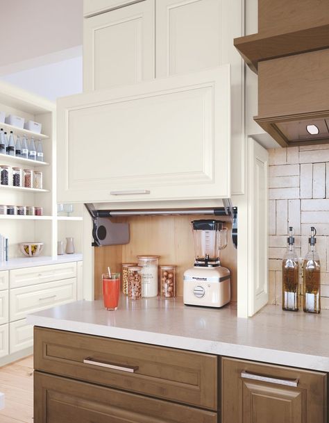 This appliance garage will enhance the look and functionality of any kitchen, and go with any kitchen aesthetic. Hidden Coffee Bar, Schrock Cabinets, Hide Appliances, Garage Lift, Appliance Garage, Counter Top Accessories, Coffee Bars In Kitchen, Kitchen Upgrades, Kitchen Cabinet Doors