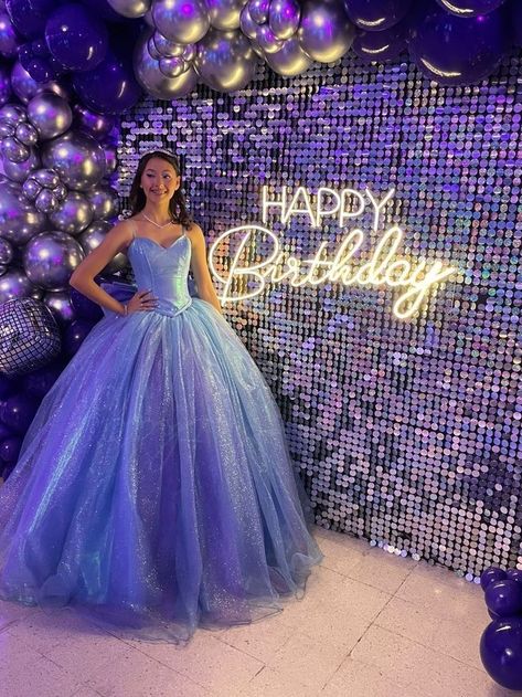 Euphoria Gown, Blue Sweet 16 Dress, Purple Birthday Dress, Debut Party, Blue Sweet 16, 18th Birthday Party Themes, Glow Birthday Party, Debut Ideas, 16th Birthday Decorations