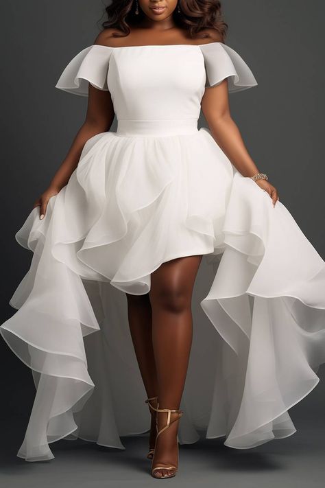 Xpluswear White Wedding Dresses For Guests, White Winter Dress Formal, Ruffle Neck Wedding Dress, Cocktail Style Wedding Dress, Types Of Off Shoulder Sleeves, Short Summer Wedding Dresses For Bride, Plus Size Puff Sleeve Dress, Dresses That Hide Tummies, Plus Size White Party Dress