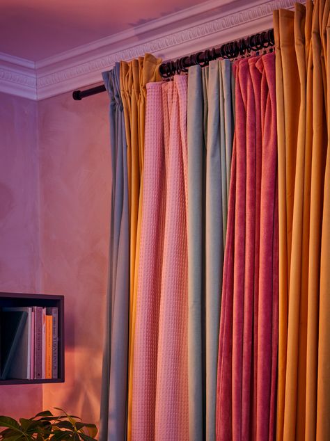 Colorful Bedroom Curtains, Living Room Curtains Colorful, Statement Curtains Living Room, Curtains Living Room Aesthetic, Mismatched Curtains, Colorful Curtains Living Room, Funky Curtains, Colourful Curtains, Mix And Match Curtains