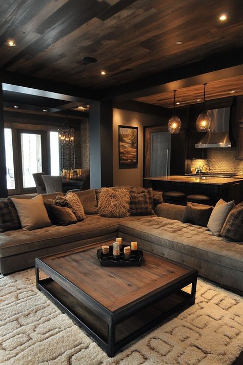 "Warm up your living room with cozy, earth-toned decor! 🌿🛋️ #LivingRoomIdeas #CozyDesign #EarthyDecor" Earth Tone Living Room Modern, Dream Home Living Room Cozy, Beautiful Interior Design Living Room, Cool Toned Home Interior, Rustic Dark Living Room, Coastal Aesthetic Living Room, Earth Tone House Interior, Browns And Grey Living Room, Dark Cozy House Aesthetic