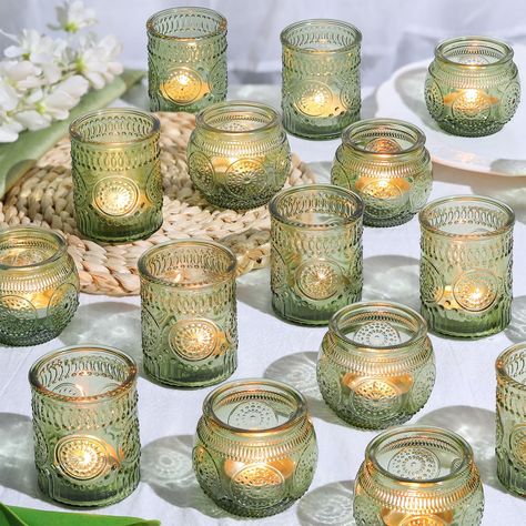 PRICES MAY VARY. High-quality 30pcs assorted candle holders: Crafted candle holders made of durable materials, featuring a vintage design and an assortment of 30pcs. Versatile: Usage options for these candle holders, the round candle holder's 2.1ʺ diameter (top) and 2.1ʺ height approximately. The straight holder's 2.1ʺ diameter (top) and 2.1ʺ height, suitable for tea lights, votive candles, or small pillar candles. Retro Style: Each candle holders feature beauty, rich green color and sunflower e Rustic Rehearsal Dinner Table Decorations, Green Floral Wedding Decor, Emerald Green Bridal Party Color Schemes, Boho Lanterns Wedding, Green And Pink Tablescape, Western Event Decor, Boho Bridal Shower Ideas Decor, Sage Wedding Centerpieces, Green And Gold Decorations Party Ideas