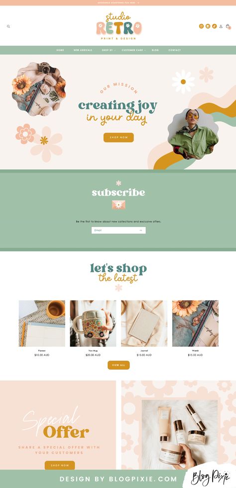 Retro Shopify theme Online Business Website, Modern Fun Website Design, Best Website Design 2023, Stationery Website Design, 60s Website Design, Groovy Website Design, Small Business Website Design Ideas, Art Website Design Layout, Aesthetic Blog Design