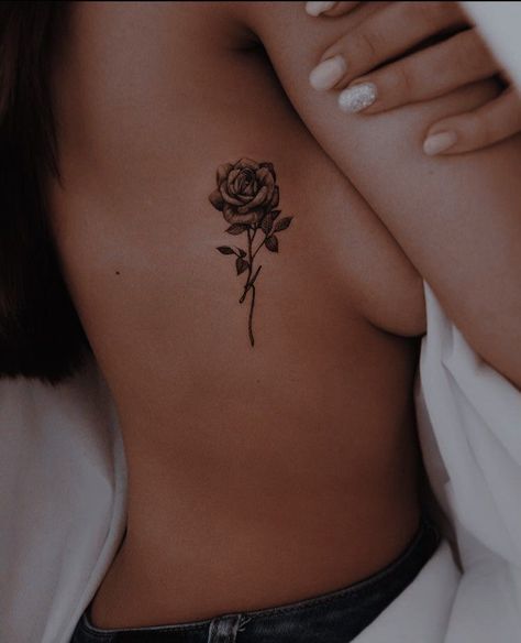 Rib Rose Tattoos For Women, Tattoos Down Side Of Body Ribs, Cute Ribcage Tattoos For Women, Side Rose Tattoo, Damaged Tattoo Ideas, Tattoo Side Rib Women, Rose Side Tattoo, Rose Tattoo On Ribs, Tattoo Ideas Side Ribs