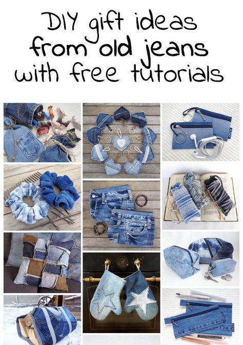 DIY gift ideas with free instructions. Eco gift ideas to make. Sewing patterns for small accessories. Sewing projects from old jeans. Diy Jean Projects Ideas, Crafts With Jeans Diy, Crafts From Old Jeans, Reuse Denim Jeans Ideas, Things To Sew From Old Clothes, Stuff To Do With Old Jeans, Repurposing Denim Jeans, Old Jeans Recycle Sewing Patterns, Jean Repurpose Ideas