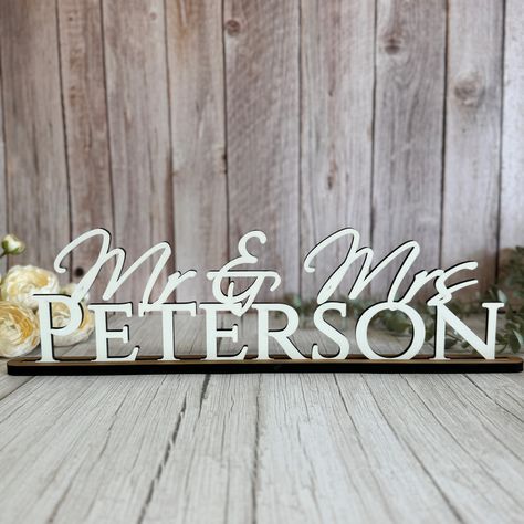 Personalised Wedding Name Sign With Stand, Mr Mrs on Top Gift, Top Table Sign With Name, Coloured Wedding Name Signs, Table Decoration Me And Mrs Wedding Signs, Mr Mrs Table Wedding Decor, Table Signs Wedding, Wedding Name Sign, Wedding Top Table, Mr Mrs Sign, Celebration Ideas, Wedding Name, Mr And Mrs Wedding