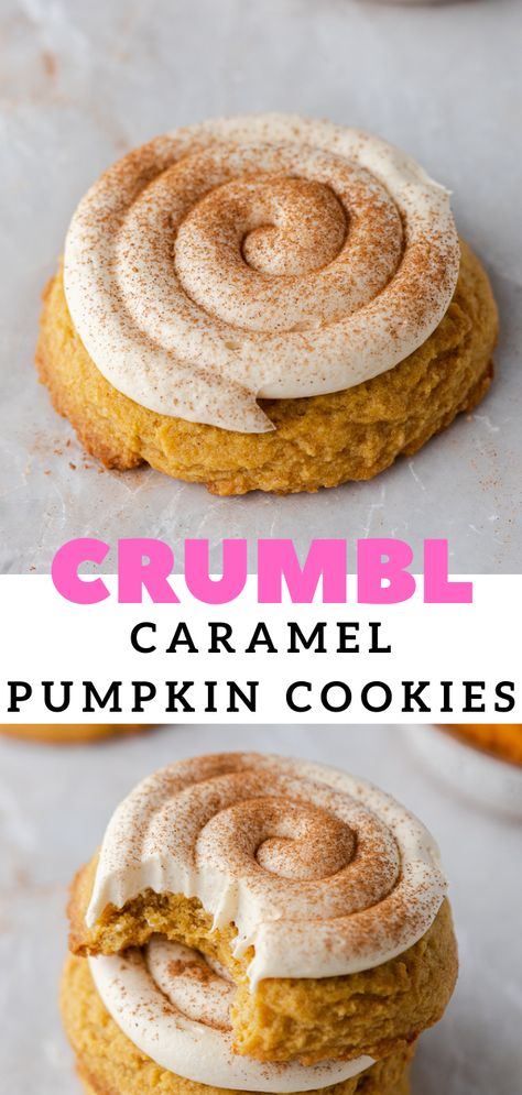 Cookies Crumbl, Caramel Cream Cheese Frosting, Cookies With Icing, Crumble Cookie Recipe, Caramel Pumpkin, Caramel Cream, Pumpkin Caramel, Gourmet Cookies, Fall Cookies