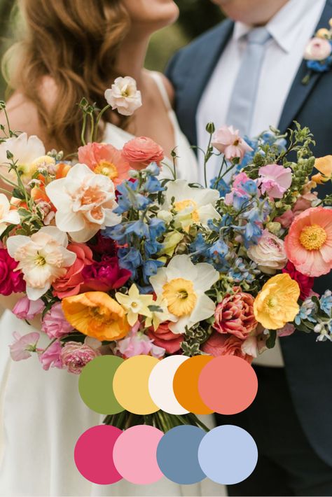 Wild Flower Garden Wedding, Vivid Wedding Color Schemes, Spring Wedding Colors With Navy, Wedding Colorful Decorations, Spring Jewel Tones, Wedding Linens Ideas Color Schemes, Floral Wedding Colors, Lesbian Wedding Color Schemes, Pink Purple Blue Yellow Color Palette