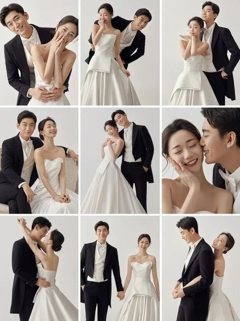 Cute Korean Wedding Photoshoot, Korean Wedding Prenup Shoot, Korean Couple Wedding Photo Shoot, Wedding Studio Poses, Korean Prewedding Photoshoot, Pre Wedding Photoshoot Korean Photo Studio, Korean Prenup Shoot, Couple Photoshoot Poses Korean, Pre Wedding Photo Studio