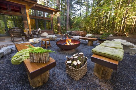 Wooded Backyard Landscape, Cabin Landscaping, Cabin Backyard, Cabin Patio, Cape Cod Landscaping, Cabin Landscape, Simple Cabin, Yard Remodel, Building A Cabin