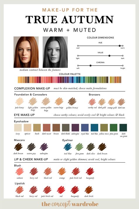 True Autumn - Make-up - Pinterest Infographic - the concept wardrobe The Concept Wardrobe, Pinterest Infographic, Autumn Color Palette Fashion, Concept Wardrobe, Green Mascara, Deep Autumn Color Palette, Autumn Skin, Soft Autumn Color Palette, True Autumn