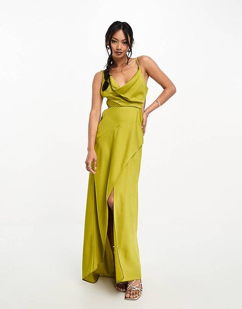 Bright Olive Green Dress, Chartreuse Midi Dress, Chartreuse Bridesmaids Dresses, Bright Green Bridesmaid Dresses, Chartruese Dress, Wedding Outfits For Guest, Yellow Green Dress, Citron Dress, Satin Dress Outfit