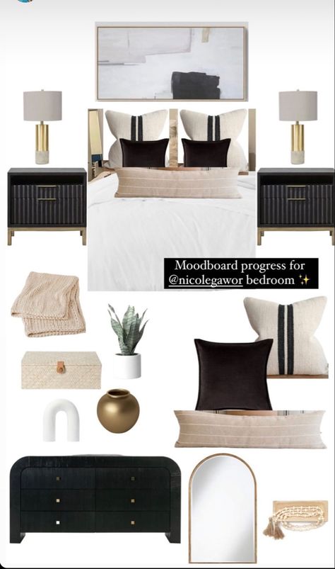 Black Taupe Cream Bedroom, Black White Brass Bedroom, Master Bedrooms Neutrals And Black, Black Accents Bedroom Decor, White Bedding Black Furniture, Guest Room Inspiration Luxe, Neutral Bedroom With Black And Gold Accents, Hotel Glam Bedroom, Modern Contemporary Guest Bedroom