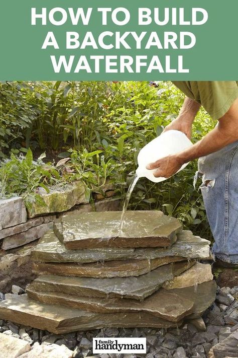 Corner Outdoor Water Feature, Modern Garden Layout Design, How To Build A Pondless Waterfall, Outdoor Water Falls Backyards, Outdoor Water Features Diy Waterfalls, Diy Rock Fountain Water Features, Diy Outdoor Fountains How To Build, Diy Yard Waterfall, Pondless Waterfalls Backyard Diy