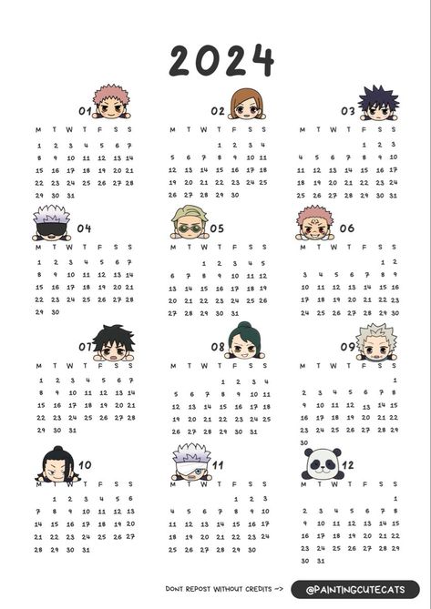 Chibi 2024 calendar of jujutsu Kaisen, please follow me for more content Calender Print, Anime Calendar, Muka Lelaki, Anime Paper, Cute Calendar, Anime Printables, Anime Crafts, 2024 Calendar, Dessin Adorable