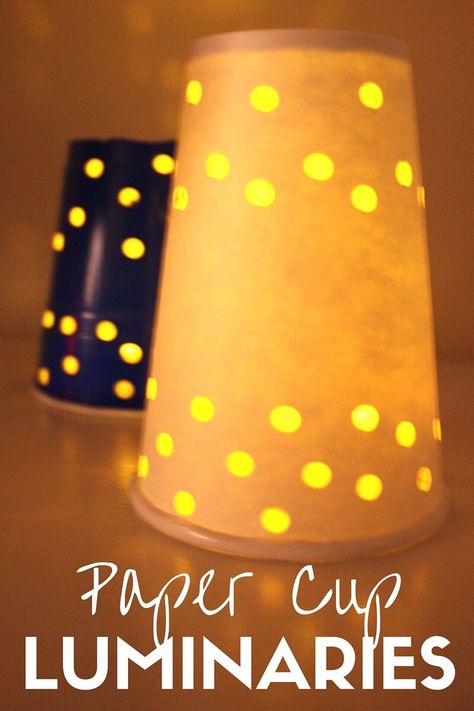 Celebrate the dark days with these easy paper cup luminaries that kids can help make too! Light up the dark afternoons with paper cup luminaries for kids. Paper Luminaries, Tea Light Crafts, Coffee Cup Crafts, Lantern Craft, Flameless Tea Lights, Light Activities, Fabric Purse, Dark Days, Diwali Craft