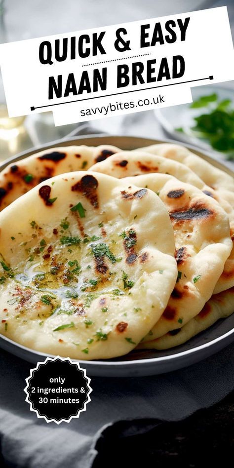 Discover the joy of homemade bread with this Easy 2-Ingredient Naan Bread recipe! Perfectly soft, chewy, and delicious, this naan is ideal for scooping up your favourite curry or making quick wraps. You won't believe how simple it is - all you need is self-raising flour and Greek yogurt! Save and try this foolproof recipe today and bring the authentic taste of Indian cuisine right into your kitchen. 2 Ingredients Naan Bread, Homemade Bread Dough Recipe, Quick Baked Recipes, 3 Ingredient Naan Bread With Yogurt, Quick And Easy Naan Bread, Two Ingredient Flat Bread, Garlic Naan No Yeast, Yogurt And Flour Naan Bread, Pan Bread Recipe Simple