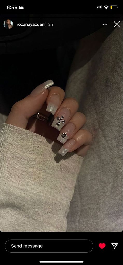 Crom Nails, Chrome Heart Nails, Cross Nail Designs, Marvel Nails, Cross Nail Art, Rounded Acrylic Nails, Cross Nails, Heart Nail Designs, Model Nails