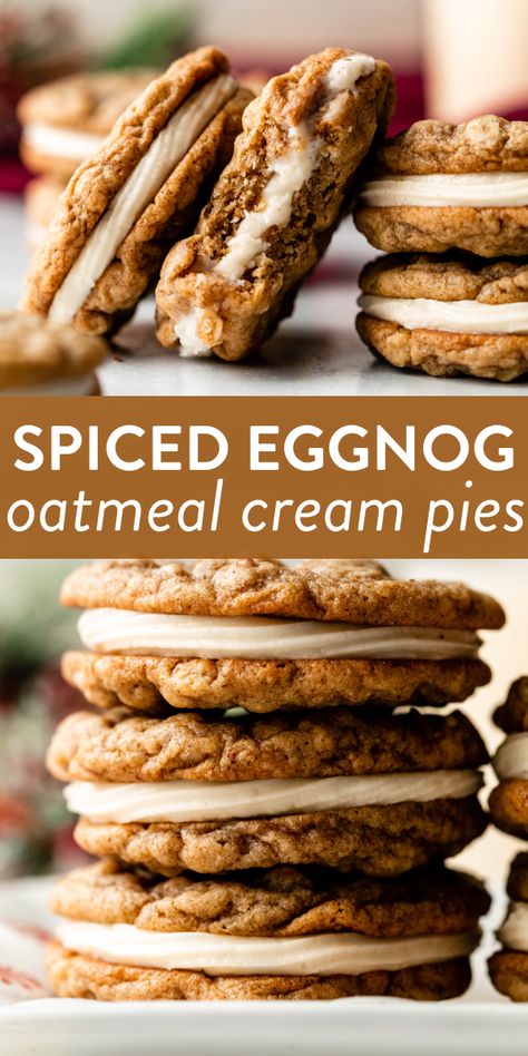 Gingerbread Eggnog Cookies, What To Make With Eggnog, Winter Biscuits, Eggnog Oatmeal, Eggnog Treats, Christmas Baking Aesthetic, Eggnog Desserts, Eggnog Buttercream, Oatmeal Cream Pie