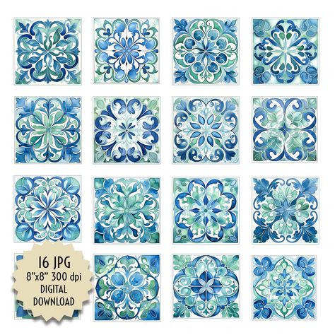 ✳️ Beautiful hand-painted blue and green watercolor tiles. Artistic decorative element for walls, floors, kitchens, bathrooms, fireplaces, dining rooms, etc. ✳️ Explore more tiles from this collection here: ➡️ https://www.etsy.com/es/shop/AngelicaBarttiPrints?ref=seller-platform-mcnav&section_id=49523133 ✳️ See the rest of our store here: ➡️ https://angelicabarttiprints.etsy.com ✳️ You can conveniently print the files at home or, for higher quality, take them to your local print shop. You can al Mosaic Architecture, Watercolor Tiles, Architecture Decoration, Digital Printing Services, Pattern Watercolor, Green Tile, Green Watercolor, Watercolor Pattern, Digital Wallpaper