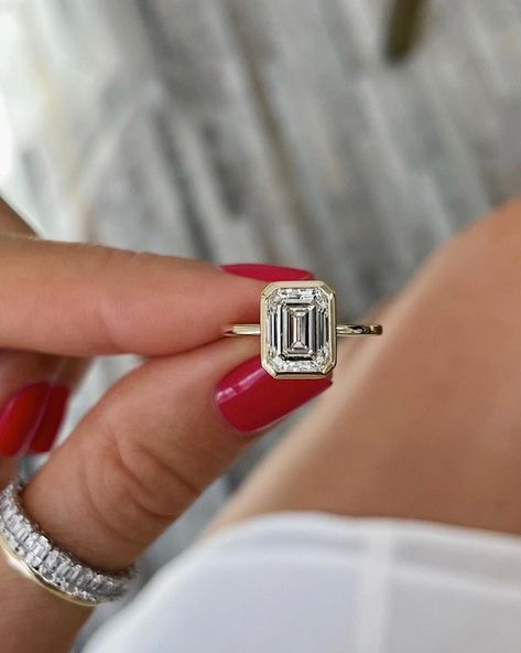 Yellow Gold Anniversary Rings, Ring Cuts, Gold Anniversary Rings, Moissanite Solitaire Ring, Bezel Engagement Ring, Emerald Cut Engagement, Emerald Cut Moissanite, Promise Ring Gift, Emerald Cut Rings