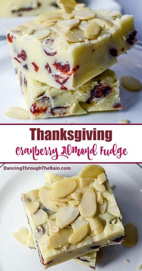 Almond Fudge Recipe, White Chocolate Cranberry Fudge, White Chocolate Fudge Recipes, Cranberry Fudge, Almond Fudge, Holiday Fudge, Cranberry Thanksgiving, Chocolate Cranberry, White Chocolate Fudge