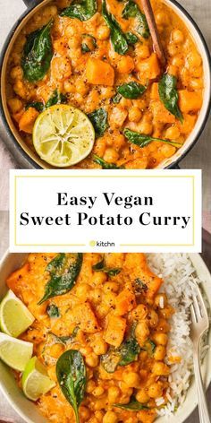 This easy vegan sweet potato curry is great for dinner or make ahead meal prep lunch. The curry itself is made with ginger, red curry paste, chickpeas, coconut milk, ground black pepper, and baby spinach. This plant-based meal is hearty, spicy and satisfying. Vegan Sweet Potato Recipes, Prep Lunch, Sweet Potato Curry, Vegan Potato, Potato Curry, Vegan Sweet Potato, Yellow Squash, Squash Recipes, Curry Paste