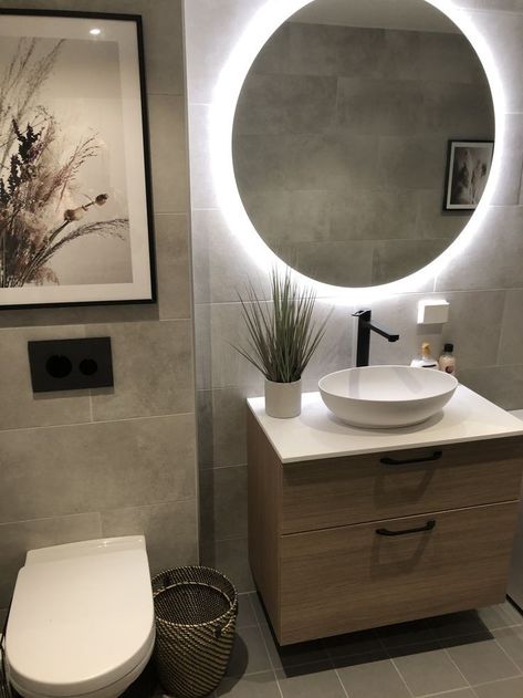 Modern Small Washroom, Washroom Mirror With Light, Mirror Ideas For Washbasin, Small Toilet Mirror, Small Bathroom With Round Mirror, Bathroom Mirror Small Space, Basin For Bathroom, Toilet Simple Design, Small L Shape Bathroom Ideas