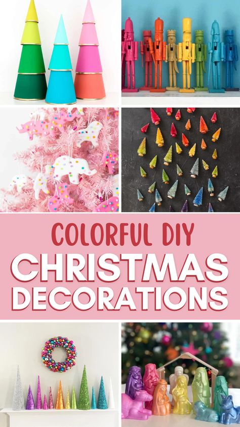 Colorful Christmas Decorations Diy, Diy Bright Christmas Decorations, Pastel Rainbow Christmas Tree, Diy Rainbow Christmas Decorations, Diy Christmas Crafts For Kids To Make, Diy Colorful Christmas Ornaments, Christmas Colorful Decorations, Bright Colored Christmas Decor, Colourful Christmas Decor