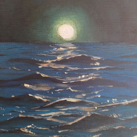 "NIGHT SWIM" 9"x12" acrylic on canvas My newest painting is finished, and it's already got a buyer!🥳 I'm so so happy with how this one has turned out. I think I'm finally understanding how to construct waves with the paint. I can't wait to make some more like this! . . #seascape #nightswim #sea #seaswimming #landscapes #landscapeart #painting #tynemouth #seaside #water #waterpainting #moon #moonlight Water At Night Painting, Sea At Night Painting, Art Painting Landscape, Night Swim, Beach At Night, Night Swimming, Moon Painting, Sea Painting, Night Painting