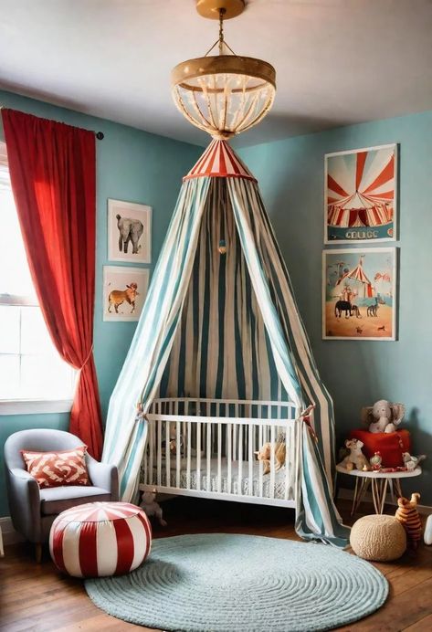 Bold Color Nursery Ideas, Circus Theme Room Decor, Clown Nursery Theme, Vintage Carnival Nursery, Blue And Red Nursery, Circus Kids Room, Circus Nursery Theme Vintage, Circus Themed Nursery, Circus Theme Nursery